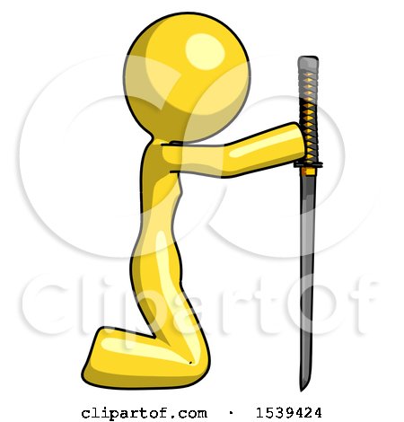 Yellow Design Mascot Woman Kneeling with Ninja Sword Katana Showing Respect by Leo Blanchette