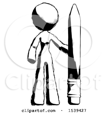 Ink Design Mascot Woman with Large Pencil Standing Ready to Write by Leo Blanchette