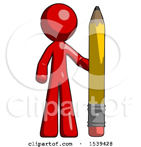 Red Design Mascot Man with Large Pencil Standing Ready to Write by Leo Blanchette