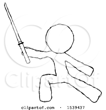 Sketch Design Mascot Man with Ninja Sword Katana in Defense Pose by Leo Blanchette
