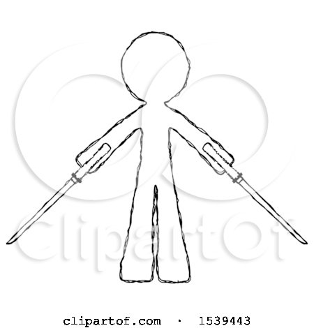 Sketch Design Mascot Man Posing with Two Ninja Sword Katanas by Leo Blanchette