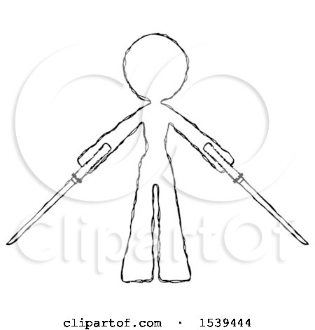 Sketch Design Mascot Woman Posing with Two Ninja Sword Katanas by Leo Blanchette