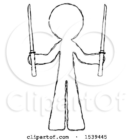 Sketch Design Mascot Man Posing with Two Ninja Sword Katanas up by Leo Blanchette
