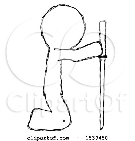 Sketch Design Mascot Man Kneeling with Ninja Sword Katana Showing Respect by Leo Blanchette