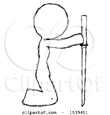 Sketch Design Mascot Woman Kneeling with Ninja Sword Katana Showing Respect by Leo Blanchette