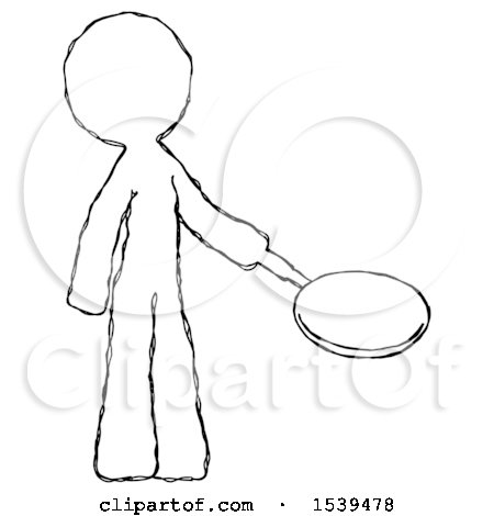 Sketch Design Mascot Man Frying Egg in Pan or Wok Facing Right by Leo Blanchette