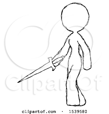 Sketch Design Mascot Woman with Sword Walking Confidently by Leo Blanchette