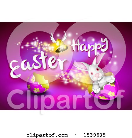 Clipart of a Winged Bell and Happy Easter Text over a Bunny Rabbit Driving an Egg Shell, on Purple - Royalty Free Vector Illustration by Oligo