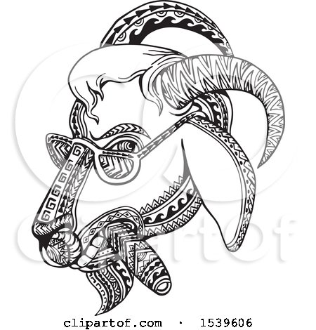 Clipart of a Goat Smoking a Cigar and Wearing Shades, in Black and White Tribal Tattoo Style - Royalty Free Vector Illustration by patrimonio