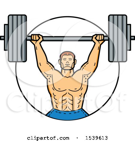 Clipart of a Strong Male Bodybuilder Holding a Barbell over His Head, in a Circle - Royalty Free Vector Illustration by patrimonio