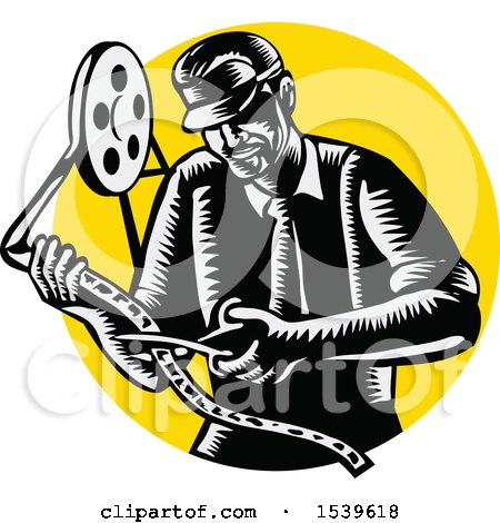 Clipart of a Retro Woodcut Movie Director Cutting a Film Reel, over a Yellow Circle - Royalty Free Vector Illustration by patrimonio