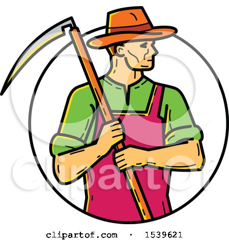 Clipart of a Farmer Holding a Scythe in a Circle, in Monoline Style - Royalty Free Vector Illustration by patrimonio