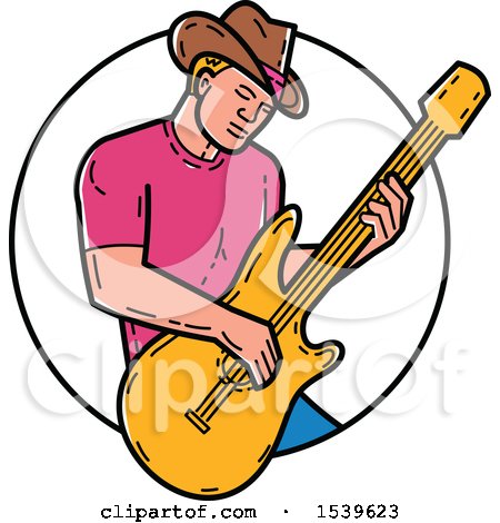 Clipart of a Cowboy Musician Playing a Guitar in a Circle - Royalty Free Vector Illustration by patrimonio