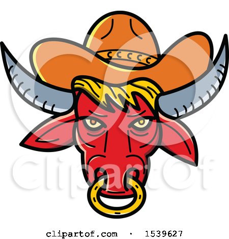 Clipart of a Red Texas Longhorn Bull with a Nose Ring and Cowboy Hat, in Monoline Style - Royalty Free Vector Illustration by patrimonio