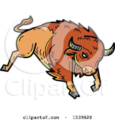 Clipart of a Bison Bucking in Mono Line Style - Royalty Free Vector Illustration by patrimonio