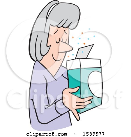 Clipart of a Senior White Woman Smelling a Pleasant Aroma from a Boxed Product - Royalty Free Vector Illustration by Johnny Sajem