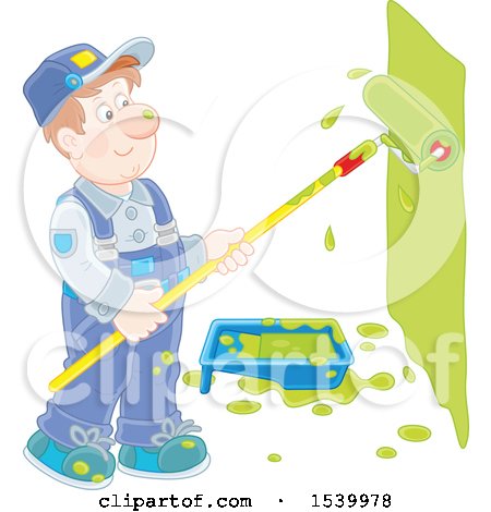 Clipart of a Caucasian Male Painter Using a Roller Brush to Paint a Wall - Royalty Free Vector Illustration by Alex Bannykh