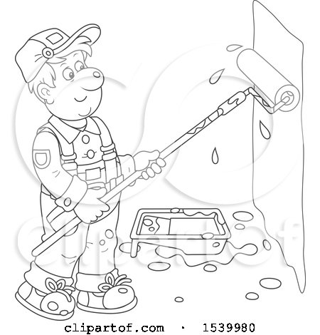 Clipart of a Lineart Male Painter Using a Roller Brush to Paint a Wall - Royalty Free Vector Illustration by Alex Bannykh