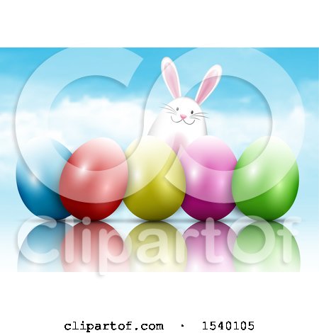 Clipart of a Happy Easter Bunny with 3d Eggs Against Sky - Royalty Free Vector Illustration by KJ Pargeter