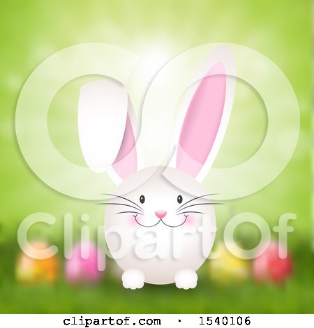 Clipart of a Happy Easter Bunny over a Blurred Egg, Grass and Sunshine Background - Royalty Free Vector Illustration by KJ Pargeter