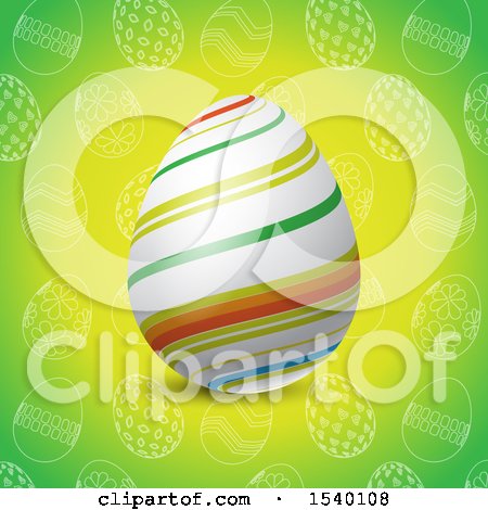 Clipart of a 3d Striped Easter Egg over a Green Pattern - Royalty Free Vector Illustration by KJ Pargeter