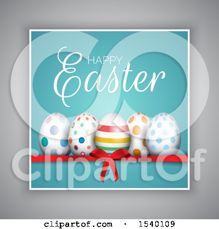 Clipart of a Happy Easter Greeting over Eggs on a Ribbon and Bow, with a Blue and Gray Background - Royalty Free Vector Illustration by KJ Pargeter