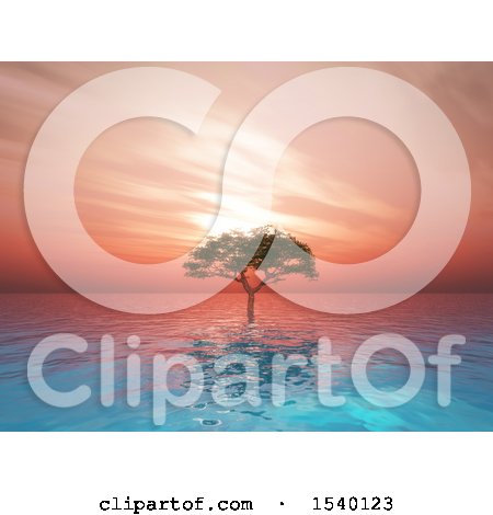 Clipart of a 3d Tree in Water Against a Sunset Sky - Royalty Free Illustration by KJ Pargeter