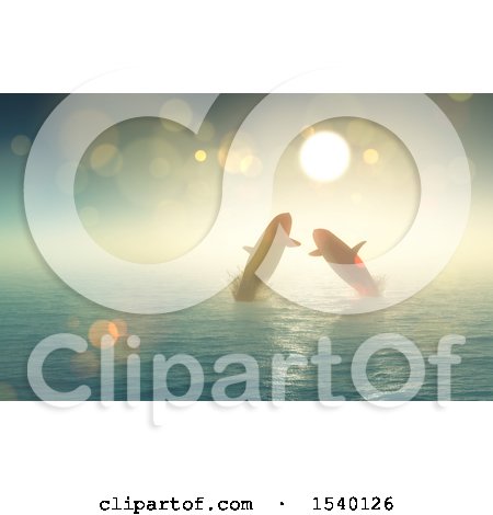 Clipart of a 3d Sunny Sky and Silhouetted Pair of Whales Jumping out of Water - Royalty Free Illustration by KJ Pargeter