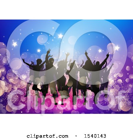 Clipart of a Silhouetted Crowd of Party People over Bokeh Lights and Stars - Royalty Free Vector Illustration by KJ Pargeter
