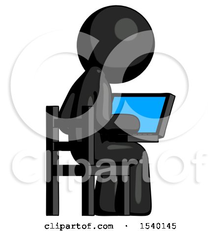 Black Design Mascot Man Using Laptop Computer While Sitting in Chair View from Back by Leo Blanchette