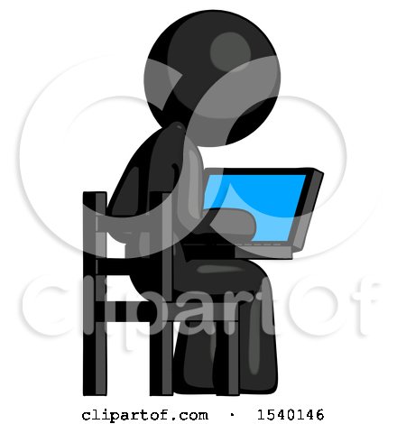 Black Design Mascot Woman Using Laptop Computer While Sitting in Chair View from Back by Leo Blanchette