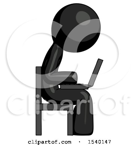 Black Design Mascot Man Using Laptop Computer While Sitting in Chair View from Side by Leo Blanchette