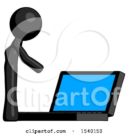 Black Design Mascot Man Using Large Laptop Computer Side Orthographic View by Leo Blanchette