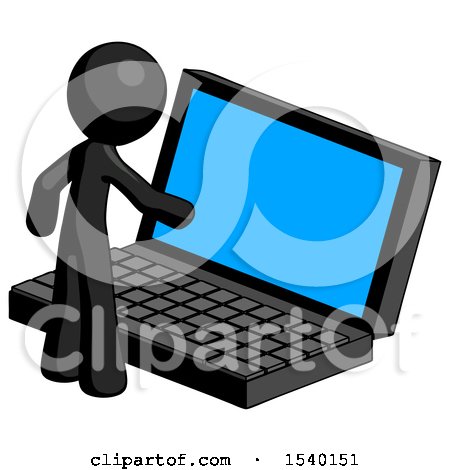 Black Design Mascot Man Using Large Laptop Computer by Leo Blanchette