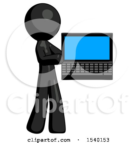 Black Design Mascot Man Holding Laptop Computer Presenting Something on Screen by Leo Blanchette