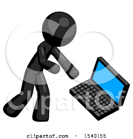 Black Design Mascot Man Throwing Laptop Computer in Frustration by Leo Blanchette