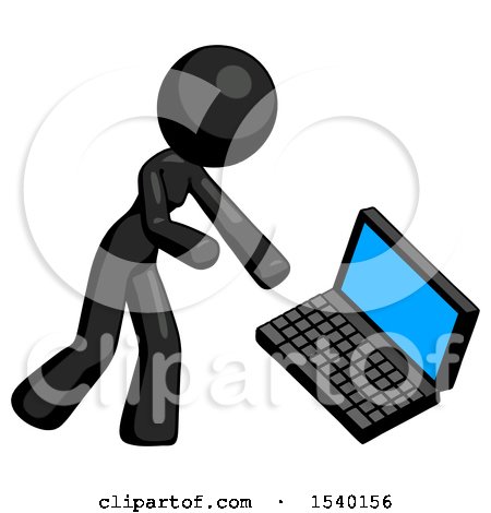 Black Design Mascot Woman Throwing Laptop Computer in Frustration by Leo Blanchette