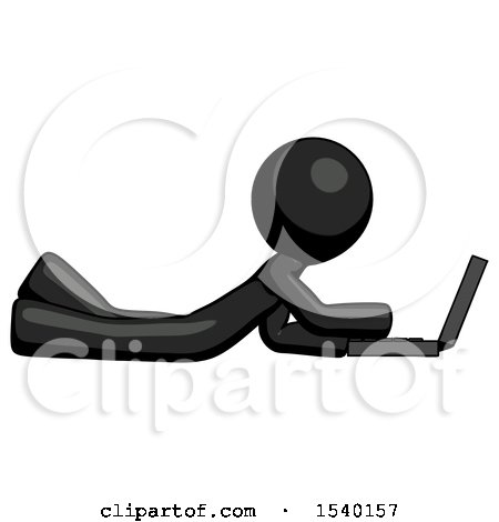 Black Design Mascot Man Using Laptop Computer While Lying on Floor Side View by Leo Blanchette