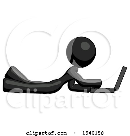 Black Design Mascot Woman Using Laptop Computer While Lying on Floor Side View by Leo Blanchette