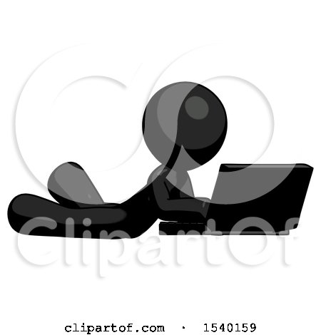 Black Design Mascot Man Using Laptop Computer While Lying on Floor Side Angled View by Leo Blanchette