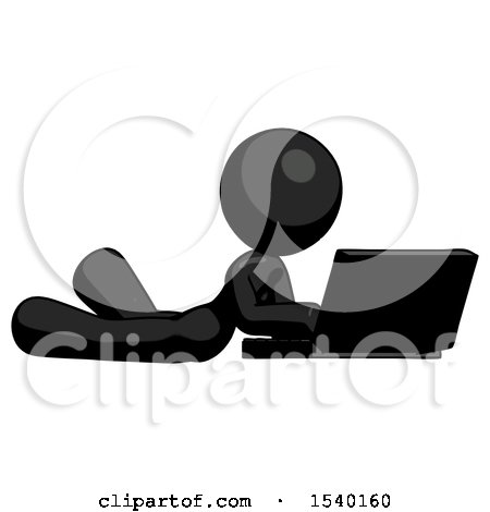 Black Design Mascot Woman Using Laptop Computer While Lying on Floor Side Angled View by Leo Blanchette