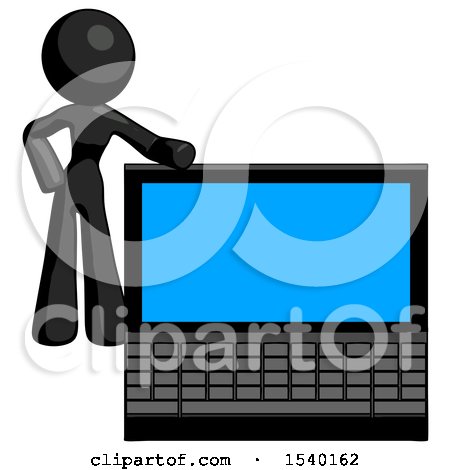 Black Design Mascot Woman Beside Large Laptop Computer, Leaning Against It by Leo Blanchette