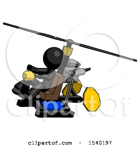 Black Design Mascot Man Flying in Gyrocopter Front Side Angle Top View by Leo Blanchette