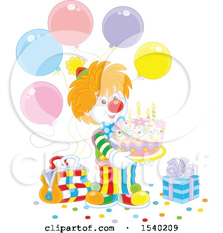 Clipart of a Cute Clown Holding a Cake at a Birthday Party - Royalty Free Vector Illustration by Alex Bannykh