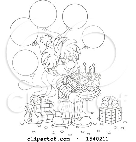 Clipart of a Lineart Clown Holding a Birthday Cake at a Party - Royalty Free Vector Illustration by Alex Bannykh