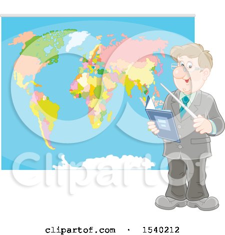 Clipart of a White Male Geography Teacher Pointing to a Map - Royalty Free Vector Illustration by Alex Bannykh