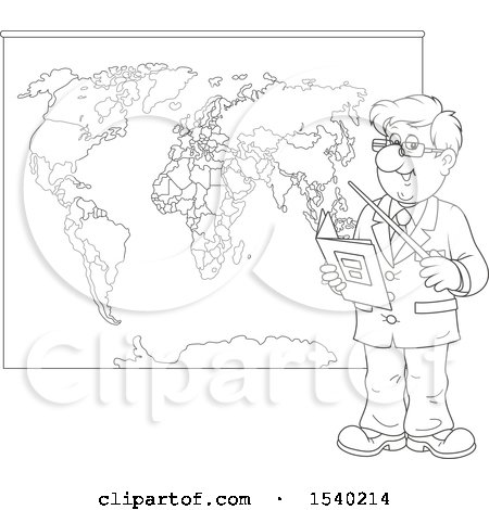 Clipart of a Lineart Male Geography Teacher Pointing to a Map - Royalty Free Vector Illustration by Alex Bannykh