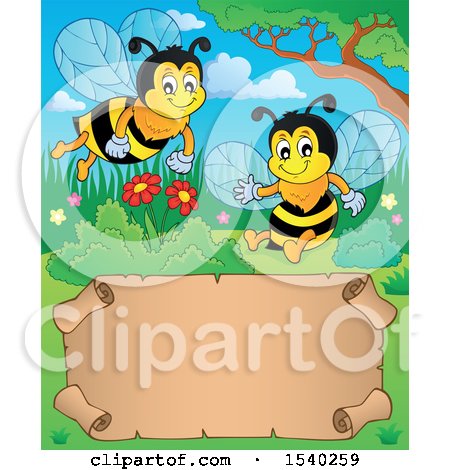Clipart of a Parchment Scroll and Honey Bees - Royalty Free Vector Illustration by visekart