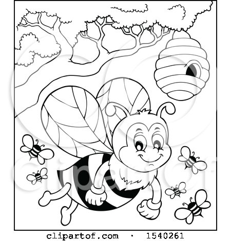 Clipart of a Black and White Honey Bee and Hive - Royalty Free Vector Illustration by visekart