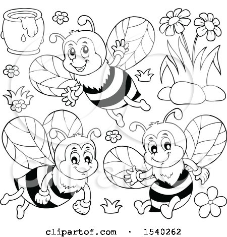 Clipart of Black and White Honey Bees - Royalty Free Vector Illustration by visekart